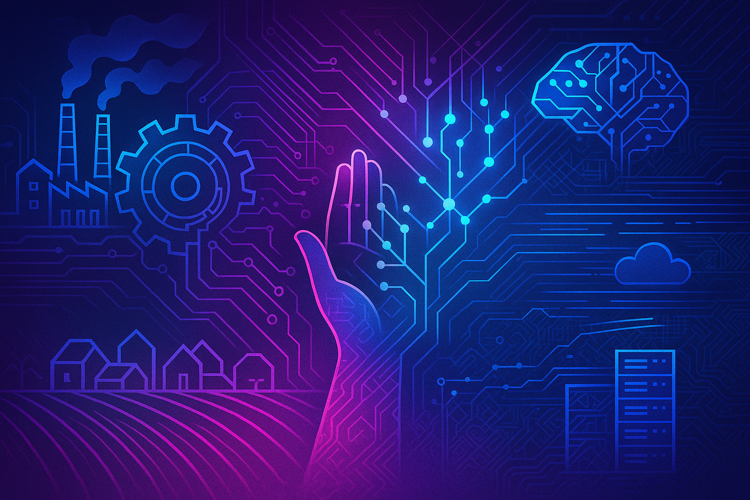An abstract digital artwork depicting the evolution of the means of production—shifting from industrial factories and farmland on one side to neural networks, data streams, and cloud servers on the other. Use a futuristic, high-tech aesthetic.