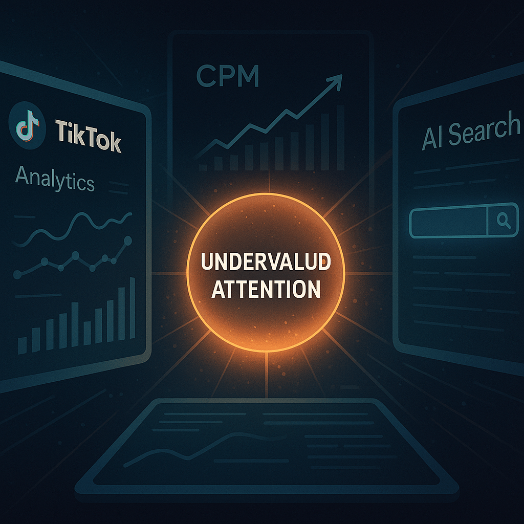 A dynamic digital marketing scene showing multiple screens: one displaying TikTok analytics, another with rising CPM graphs, and a futuristic AI search interface. In the centre, a glowing spotlight highlights “undervalued attention” as the hidden gem, symb