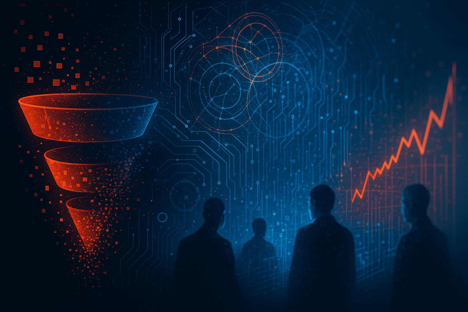 A conceptual abstract image showing a fragmented marketing funnel dissolving into data streams and neural patterns. One half depicts bright algorithmic structures forming a loop of learning, while the other half shows blurred human silhouettes observing sh