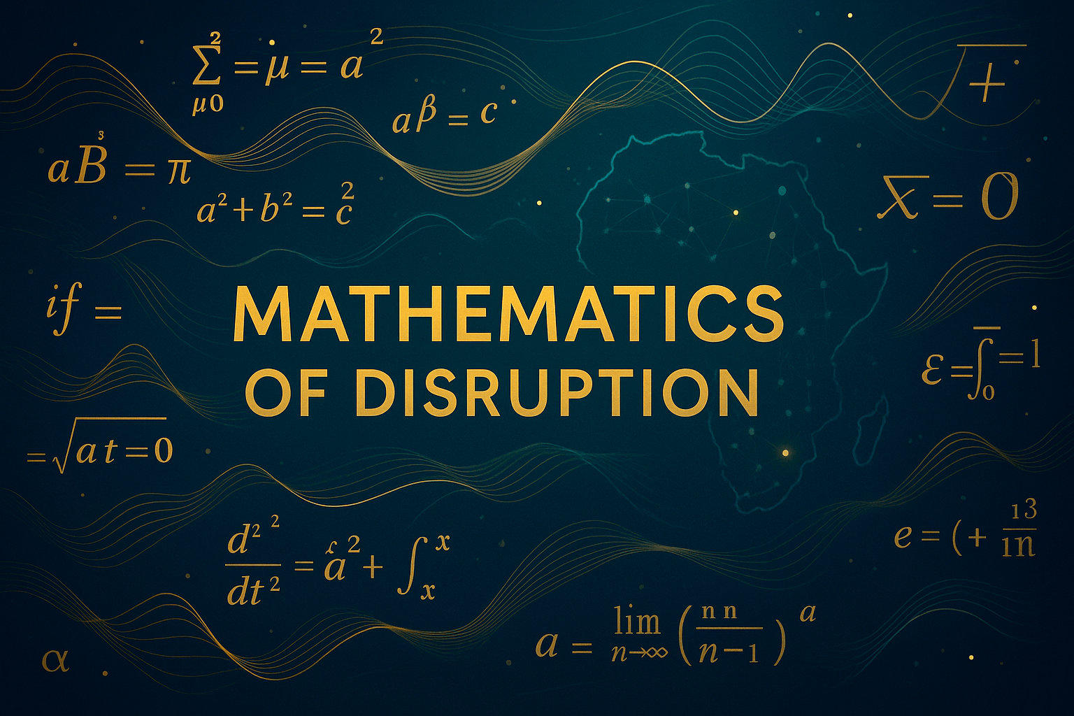 An abstract book cover-style visual showing golden mathematical symbols and waveforms flowing through a deep indigo and midnight-blue background. A soft gradient suggests motion from left to right — symbolising the journey from equations to intelligence. I