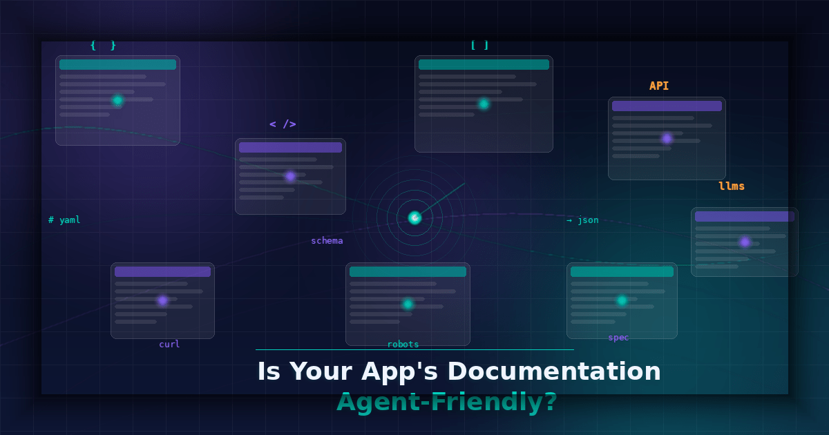 The visual language is deliberately layered to reflect the article's themes:  The grid — a structural document metaphor, the underlying skeleton of parseable content Floating document nodes — card-style rectangles mimicking documentation pages with tit