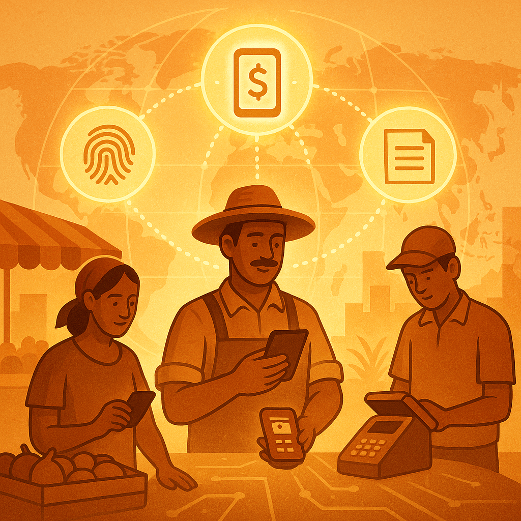 A warm and inclusive digital illustration depicting an informal market scene: a street vendor, a farmer, and a mobile artisan each using simple mobile devices or assisted kiosks connected by a glowing DPI network. Icons like a fingerprint (identity)