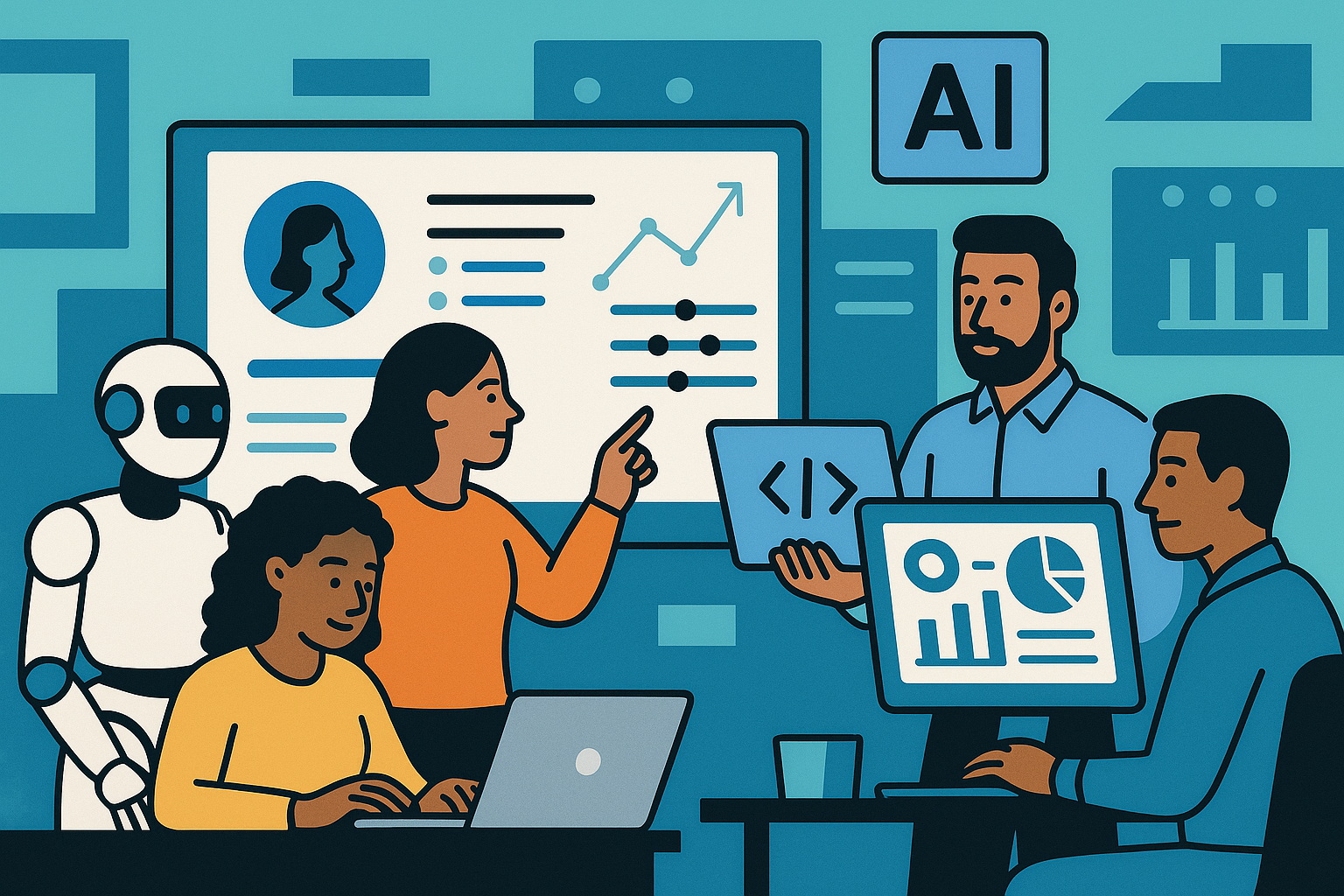 A modern, abstract digital illustration showing a marketing agency workspace with both people and AI systems collaborating. A large screen displays dashboards and automated creative tools. The scene shows diverse professionals working alongside robotic