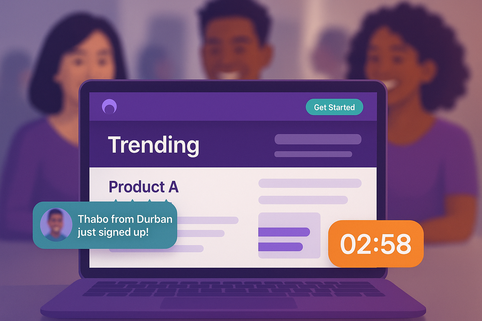 A modern website interface with live notifications popping up (“Thabo from Durban just signed up!”).