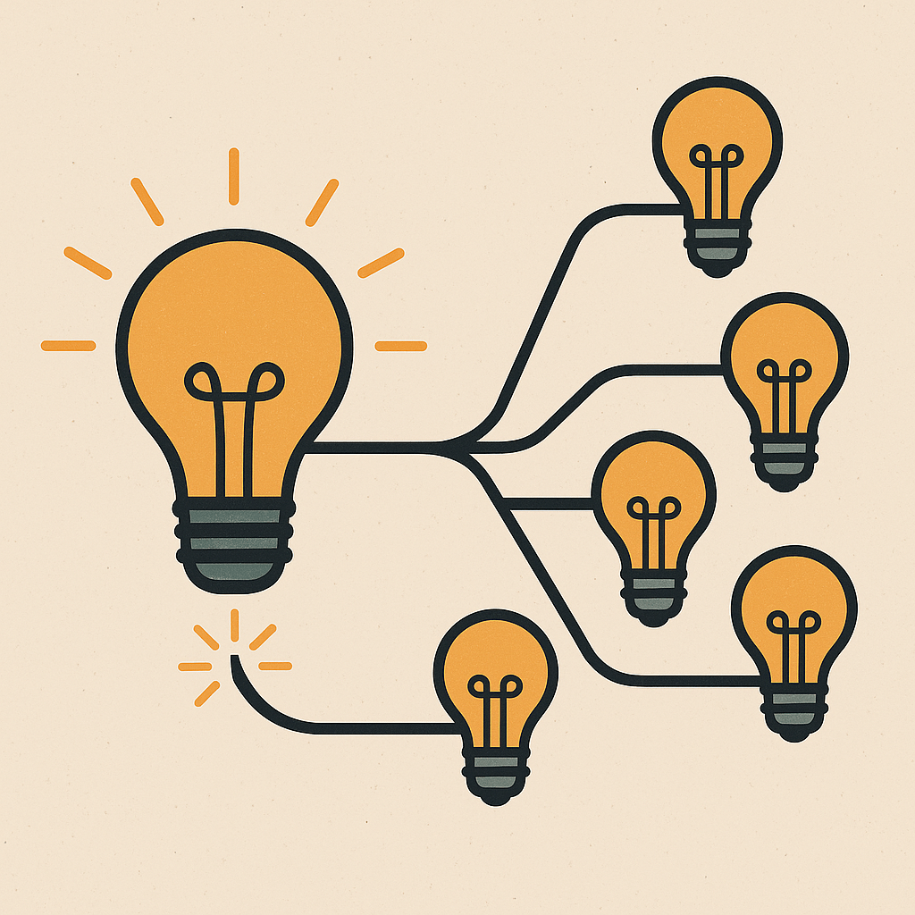 A single spark lighting up multiple light bulbs—symbolising one creator’s system scaling into many.