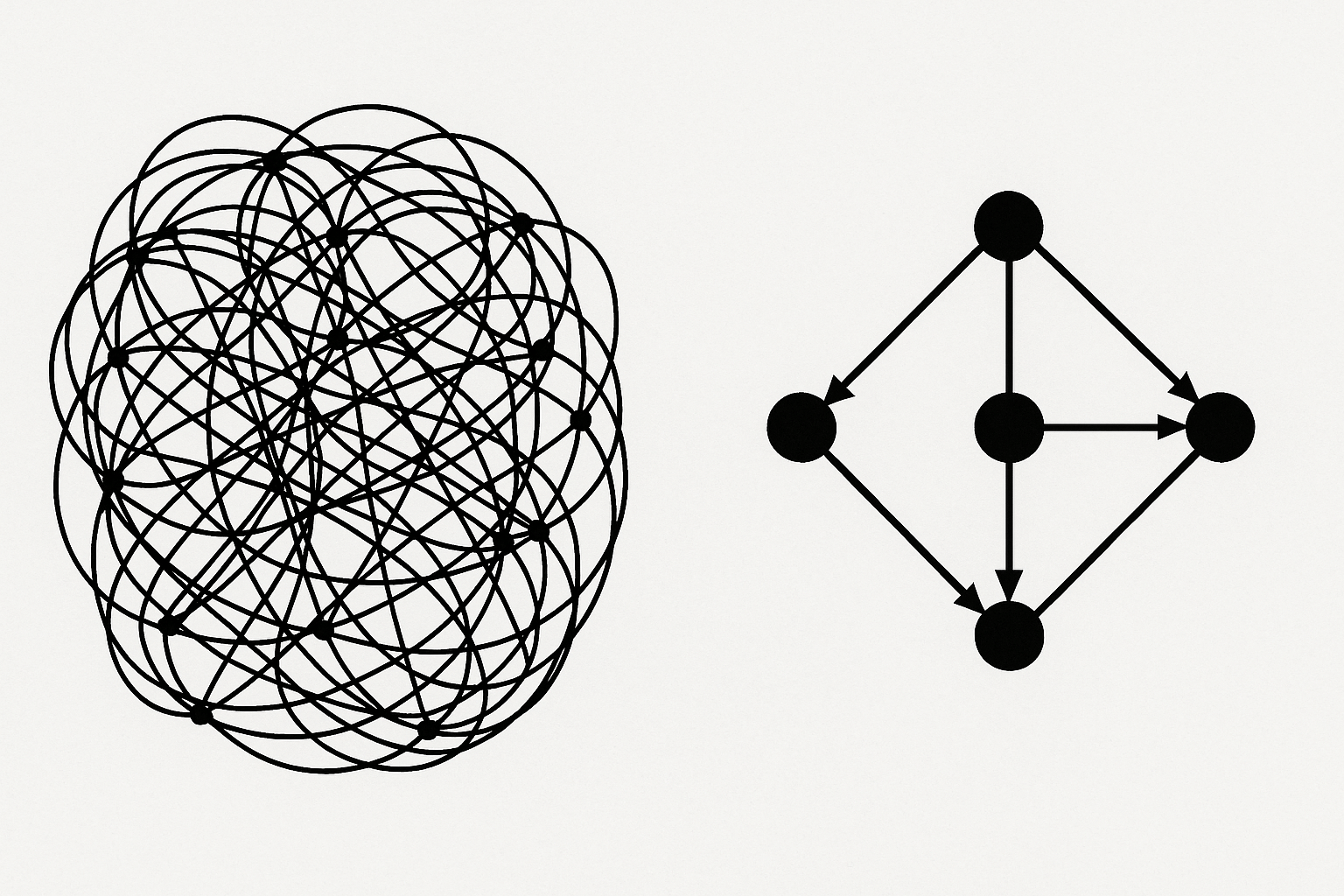 Conceptual illustration of two contrasting structures: on the left, a dense tangled neural lattice representing a predictive world model; on the right, a clean, sharp causal diagram with directed arrows showing mechanisms. Use high contrast, scientific min