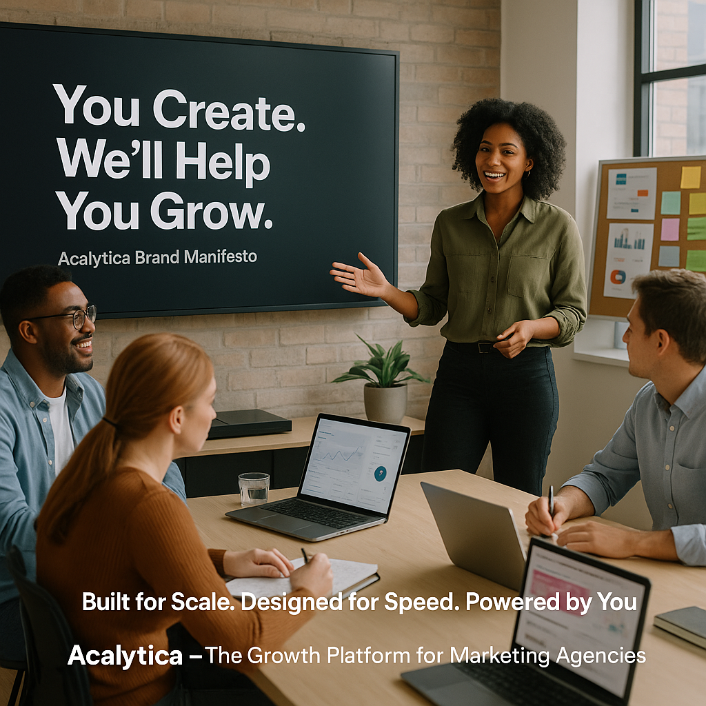 A bold and inspiring visual: a diverse team of marketers gathered in a modern, open agency office, with a large digital screen behind them displaying the words:  “You Create. We’ll Help You Grow.”