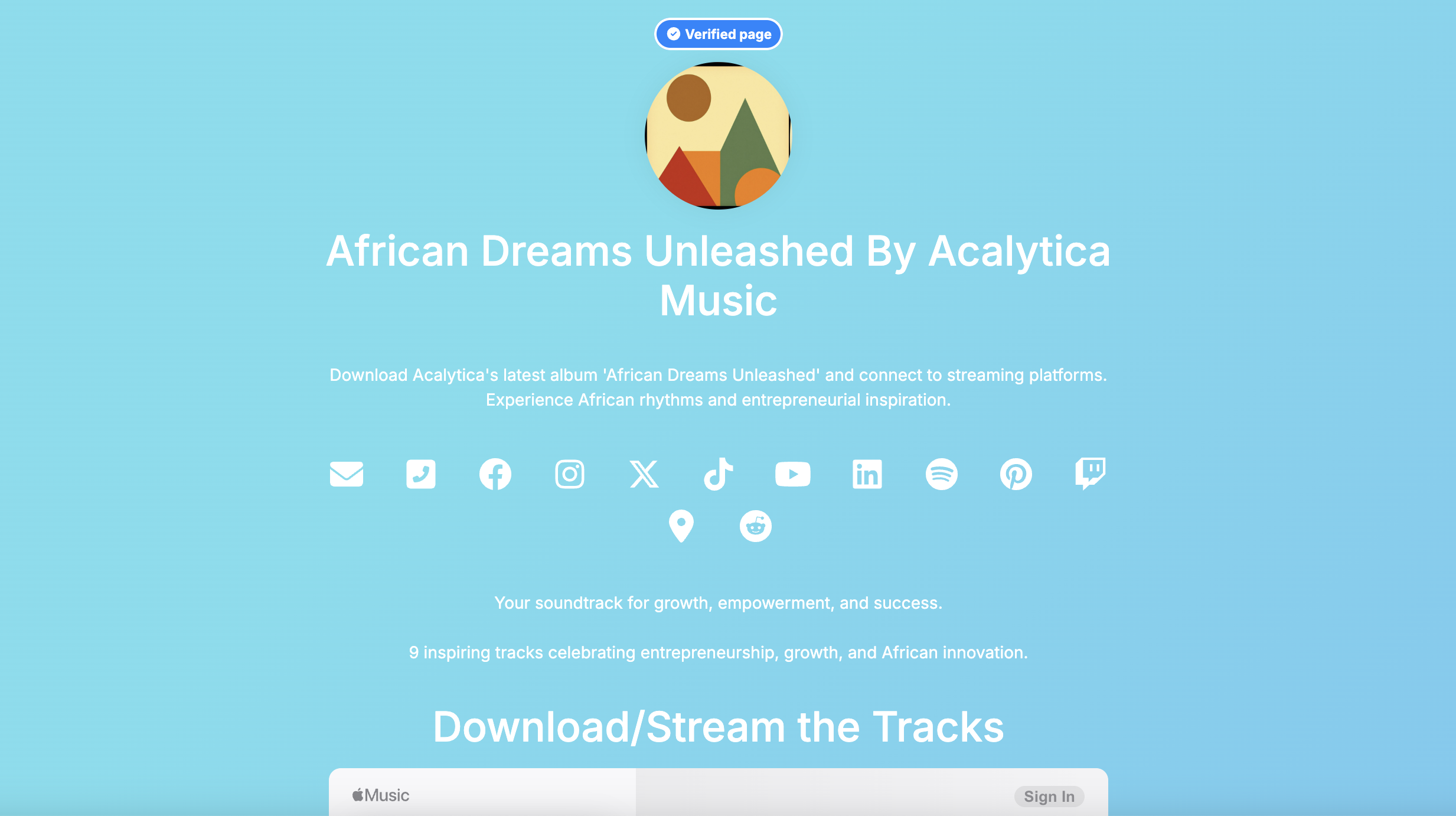 screenshot of part of acalytica music homepage