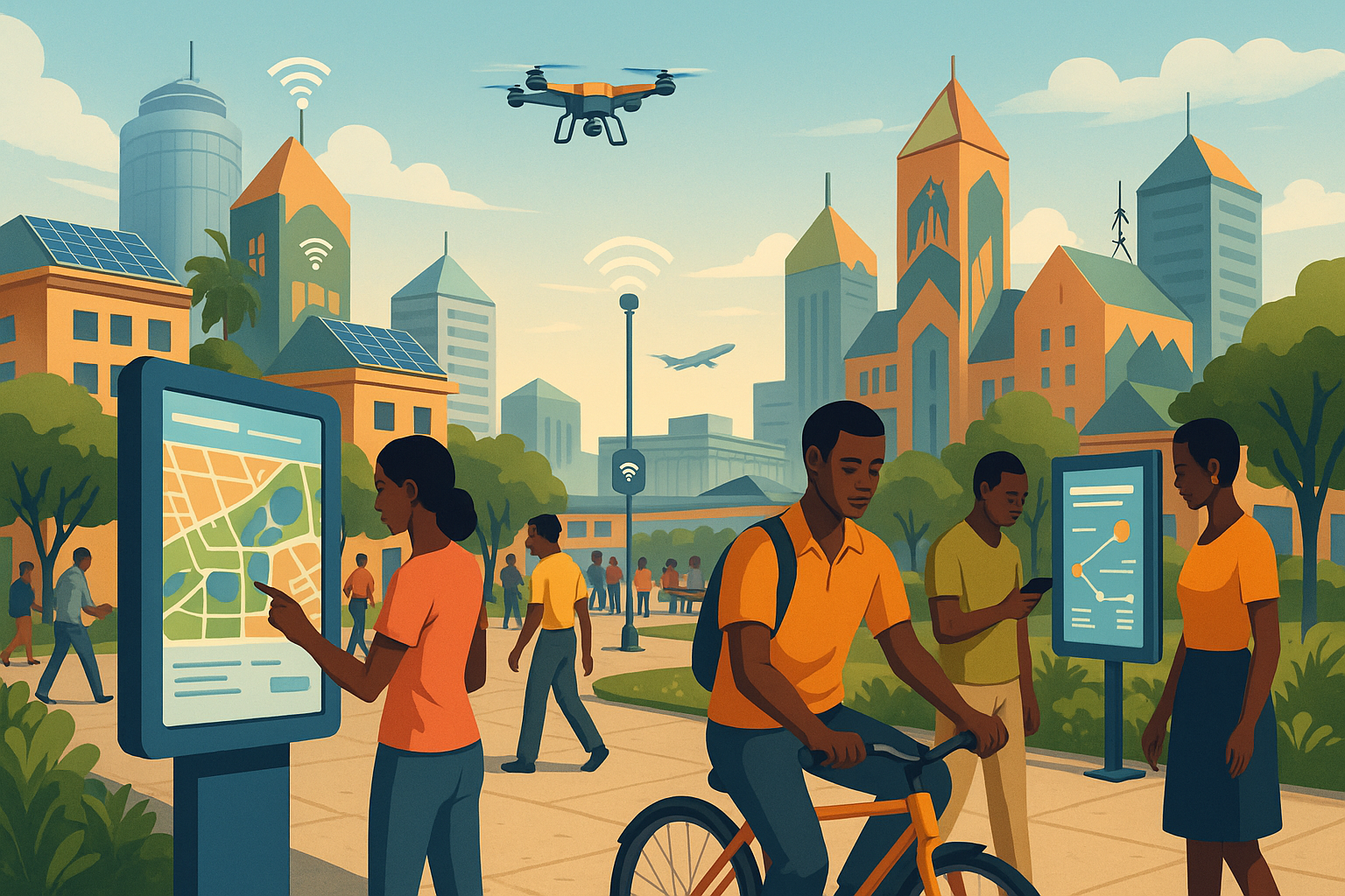 People-centered smart city concept in Africa showing tech-enabled infrastructure and community engagement