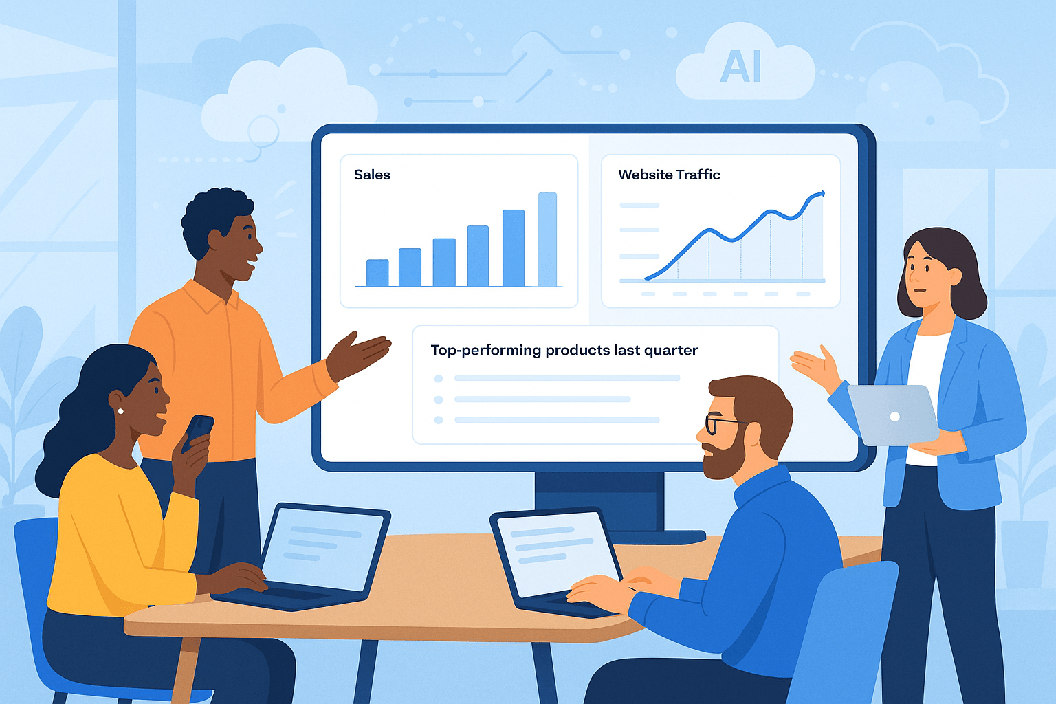 A modern digital illustration depicting a diverse team in an office, gathered around a large interactive display. Each person asks questions via voice or laptop, and real-time charts and explanations appear on the screen, with subtle AI and cloud motifs