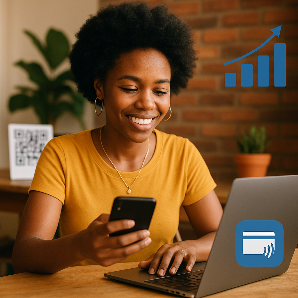 An African creative entrepreneur (e.g., a musician, designer, or tutor) using a laptop or smartphone in a vibrant setting (like a home studio, salon, or outdoor market), with subtle visual cues of QR codes, digital payments, and growth charts in the backgr