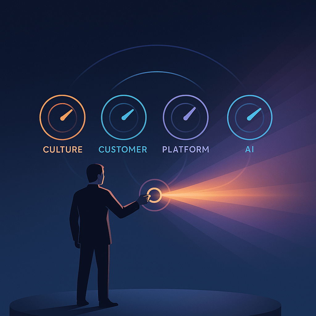 A sleek, modern illustration of a CMO standing on a stage, not holding a microphone, but controlling four glowing dials labelled Culture, Customer, Platform, and AI. The message (a bright pulse of light) shoots out, amplified by the environment around it,
