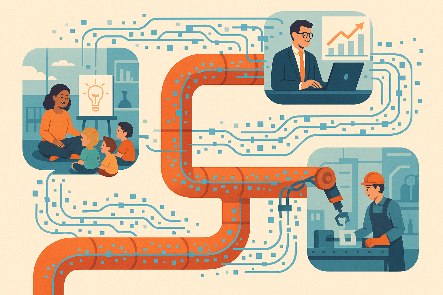 A layered pipeline stretching from a kindergarten classroom to a high-tech manufacturing facility, with digital data streams flowing between each phase—symbolizing the continuous journey from education to innovation to industrial deployment.