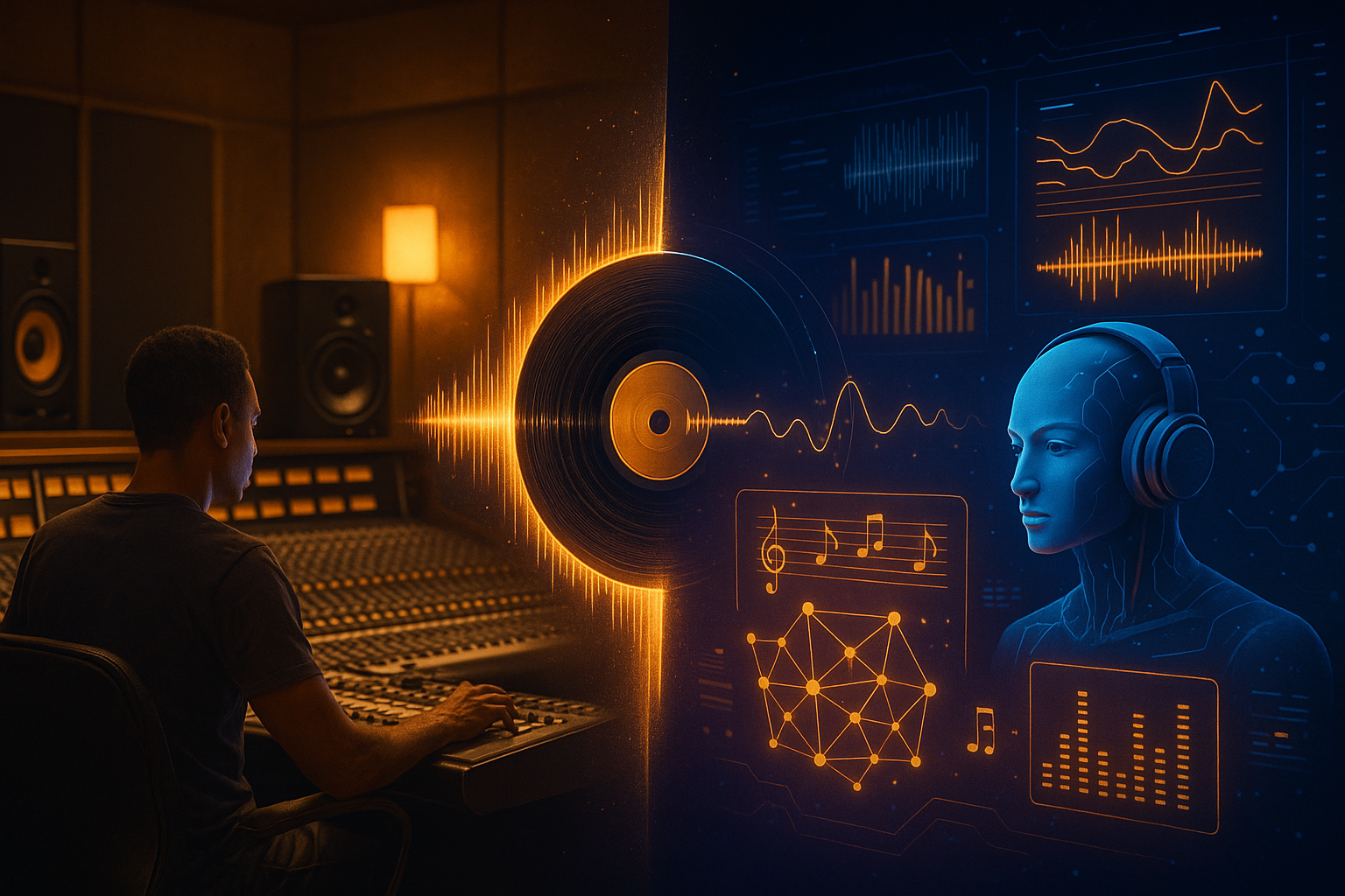 A split-screen visual:  Left side — a traditional recording studio with a human producer at a mixing desk, warm lighting, and analogue equipment.  Right side — a futuristic AI-driven music interface with glowing waveform visualisations, neural network diag