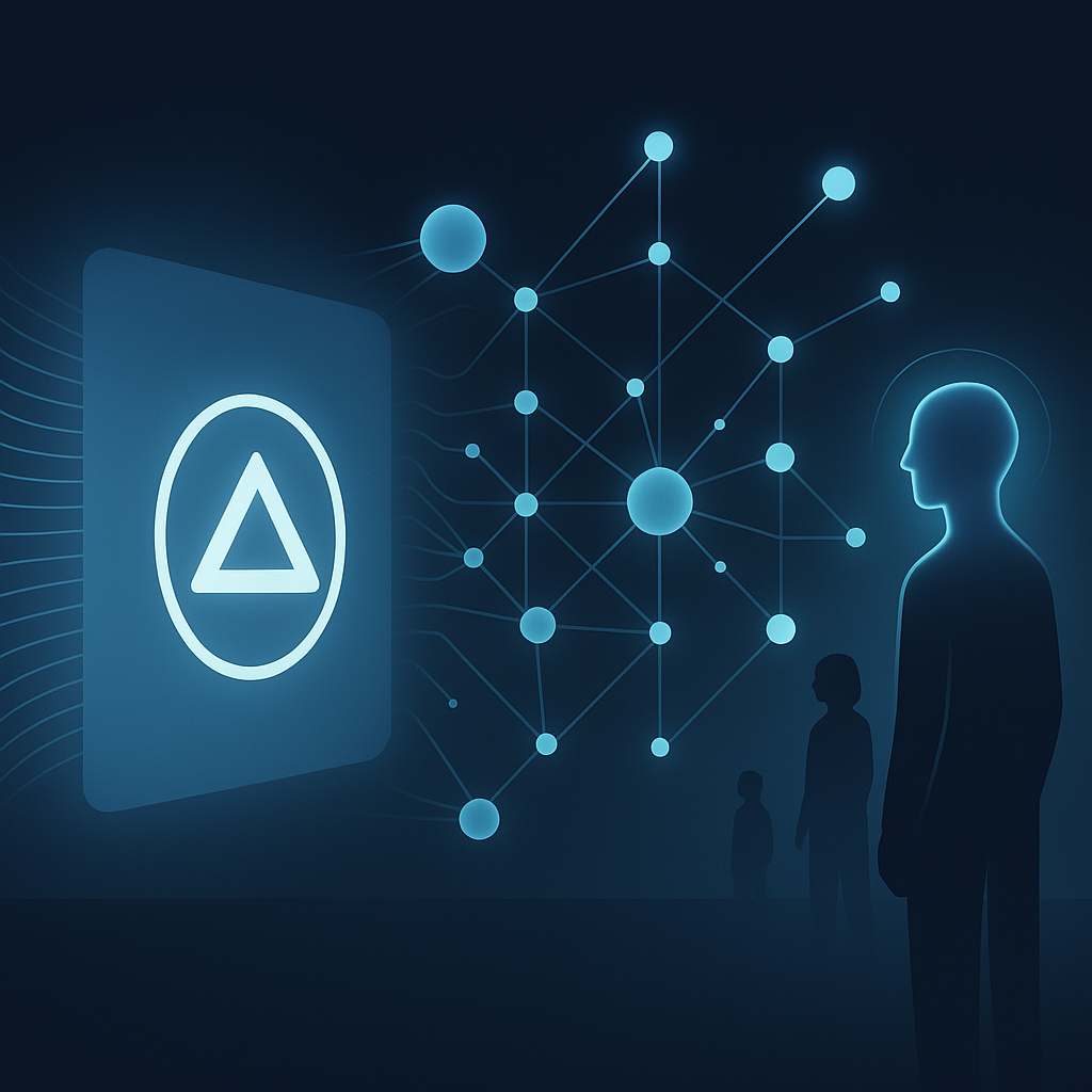Abstract illustration of a brand identity being “read” by an AI system — digital waves scanning a logo, turning it into structured data nodes, with human silhouettes on the other side connecting to the signal. Futuristic, clean, minimal design, glowing acc