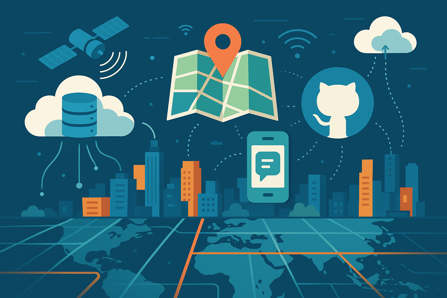 A conceptual illustration showing a digital cityscape made up of well-known digital platforms (e.g., cloud servers, maps, messaging apps) hovering over a global map. Some icons—like satellite signals, cloud symbols, data streams, and mobile devices—connect