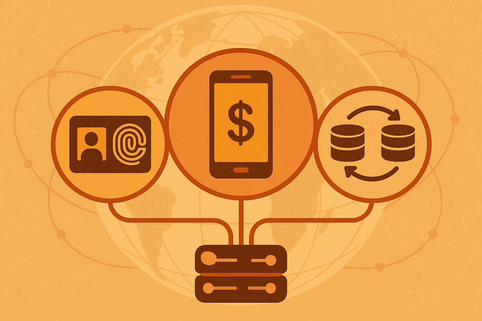 A conceptual digital illustration showing interconnected icons of digital identity (fingerprint or ID card), mobile payments (phone with money symbol), and data sharing (circular arrows between databases).