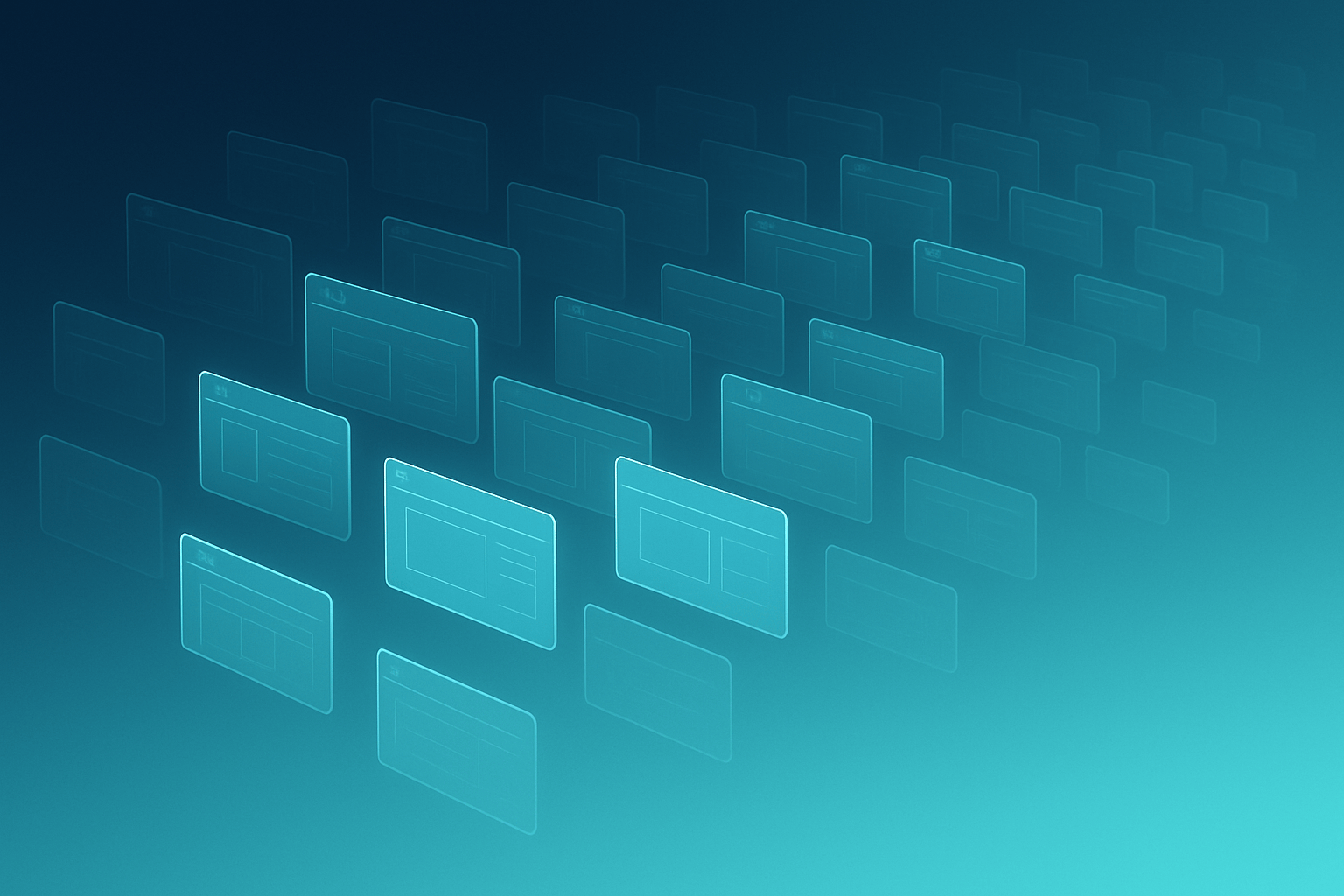 An abstract, minimalist illustration of countless translucent rectangular panels floating into perspective like infinite browser windows, arranged in a gentle wave flowing forward. Each panel has subtle grid lines and glowing edges, but no icons, logos, or