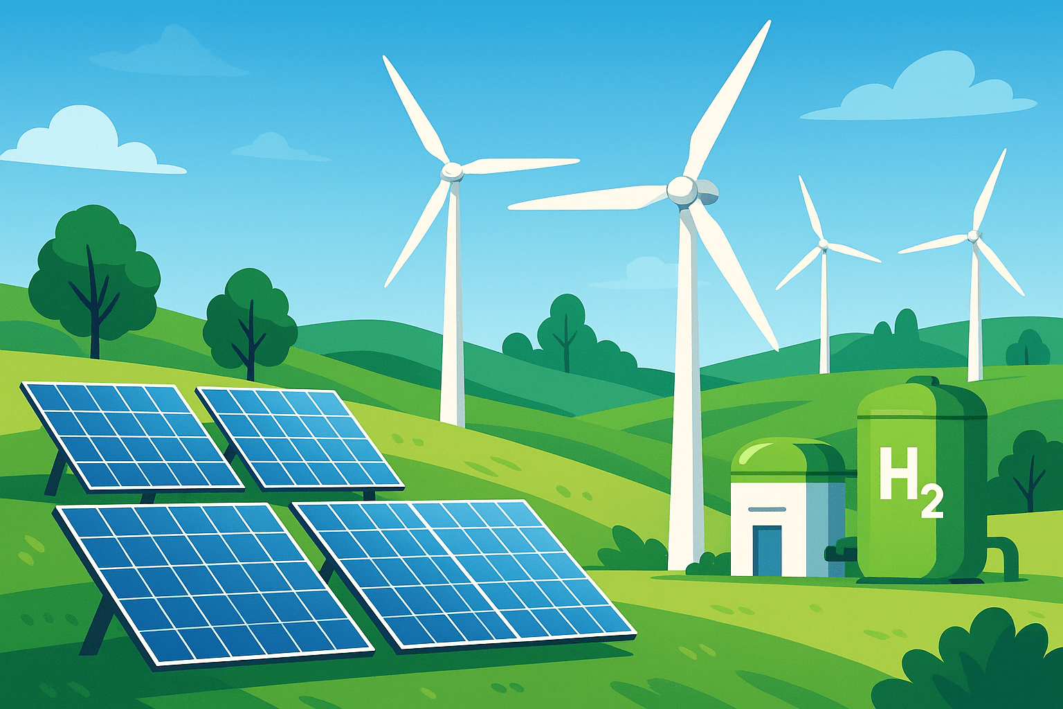 A vibrant digital illustration depicts a green landscape with solar panels, wind turbines, and a hydrogen storage unit, symbolizing a clean and sustainable energy future.