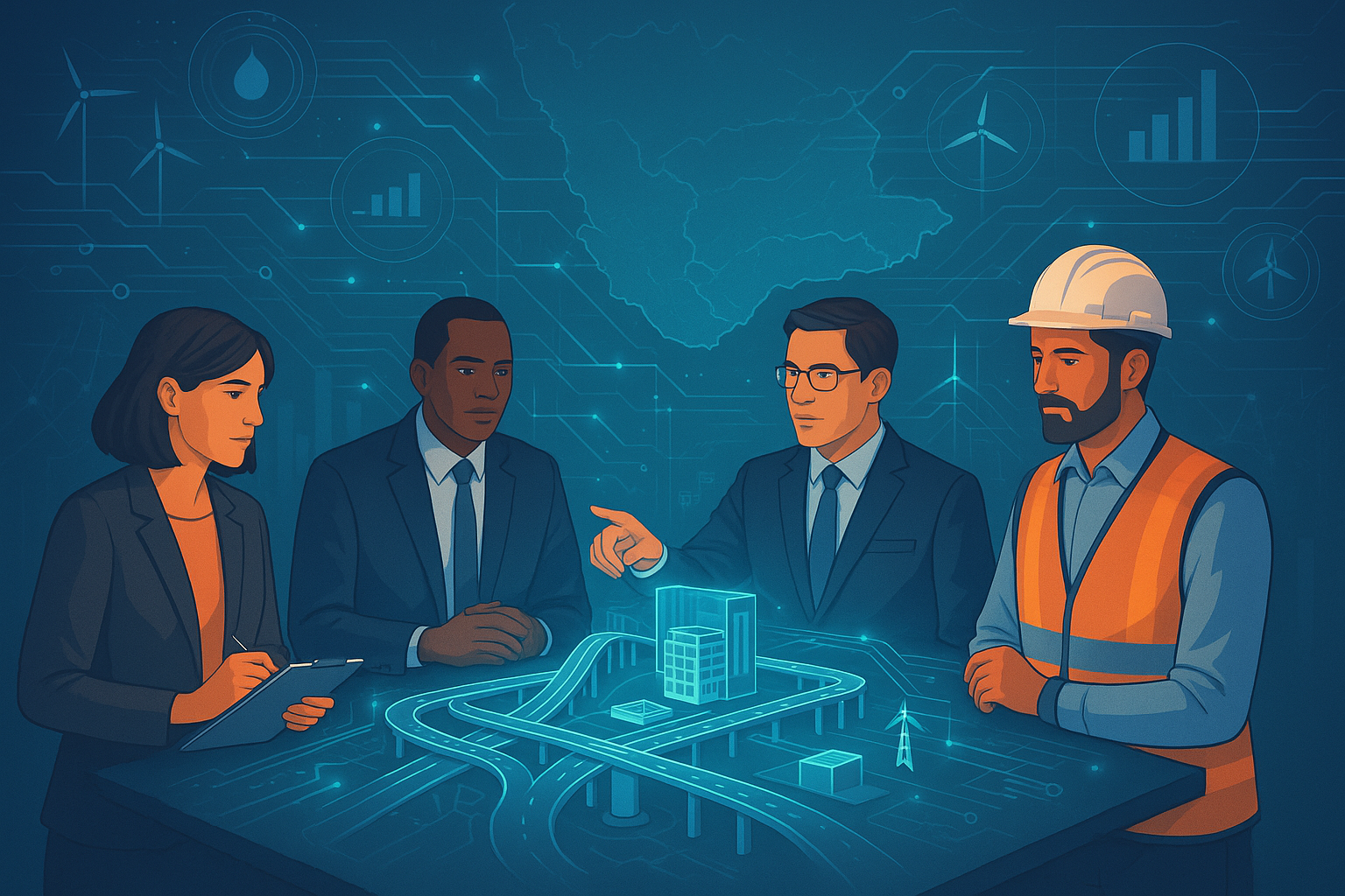 A modern digital illustration showing a diverse group of professionals (e.g., a project planner, investor, engineer, and a provincial official) collaborating around a holographic infrastructure model.