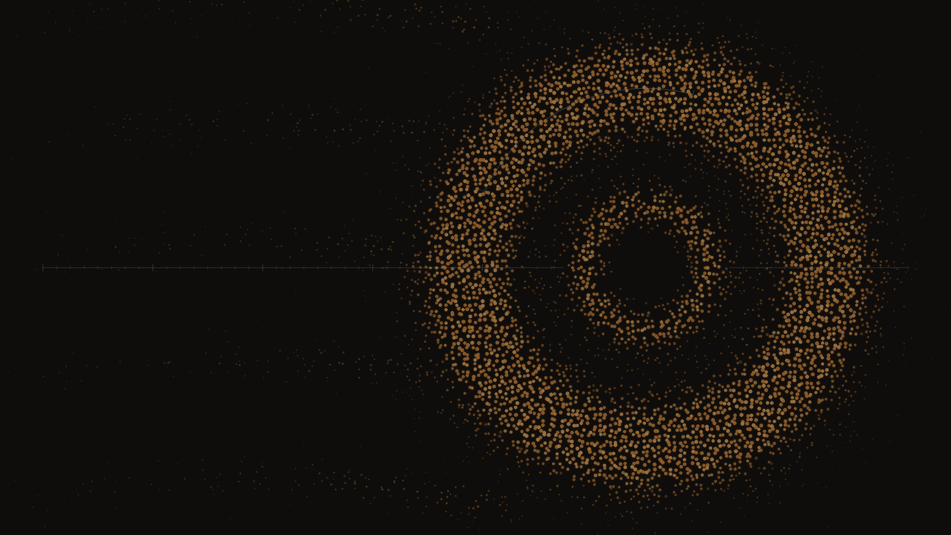 thousands of scattered ochre marks stream in from the left like tokens, then dissolve into silence before resolving, purely through density, into a large ring that reads as an eye or presence. Nothing on the right is actually drawn as an object;