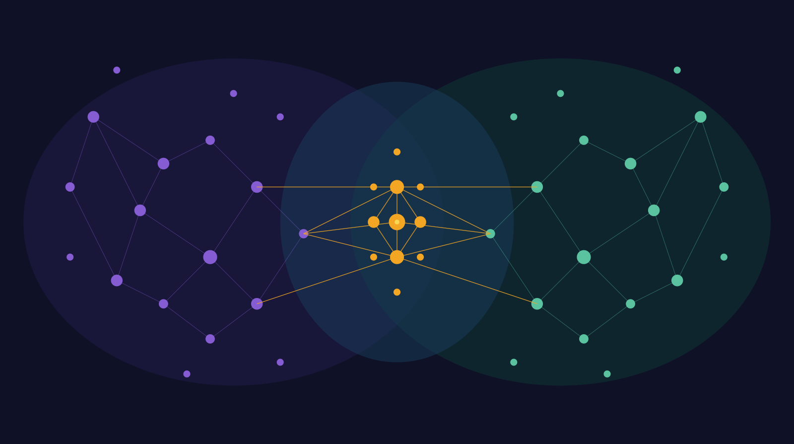 Two distinct networks — purple strategists on the left, green technologists on the right — each densely interconnected within its own discipline. Where they meet in the middle, an amber hybrid mesh forms: the rare nodes that translate between both worlds.