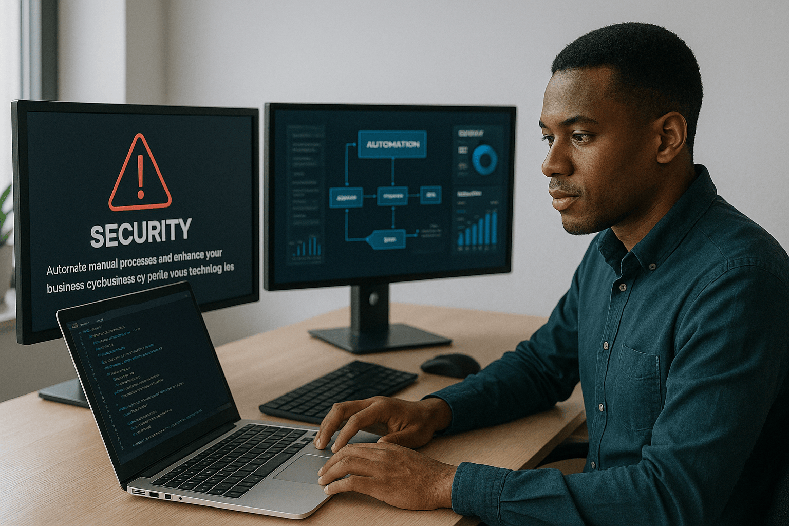 A minimalist modern workspace showing a young South African software engineer developing code on a laptop, with screens displaying cybersecurity alerts, automation workflows, and analytics dashboards.