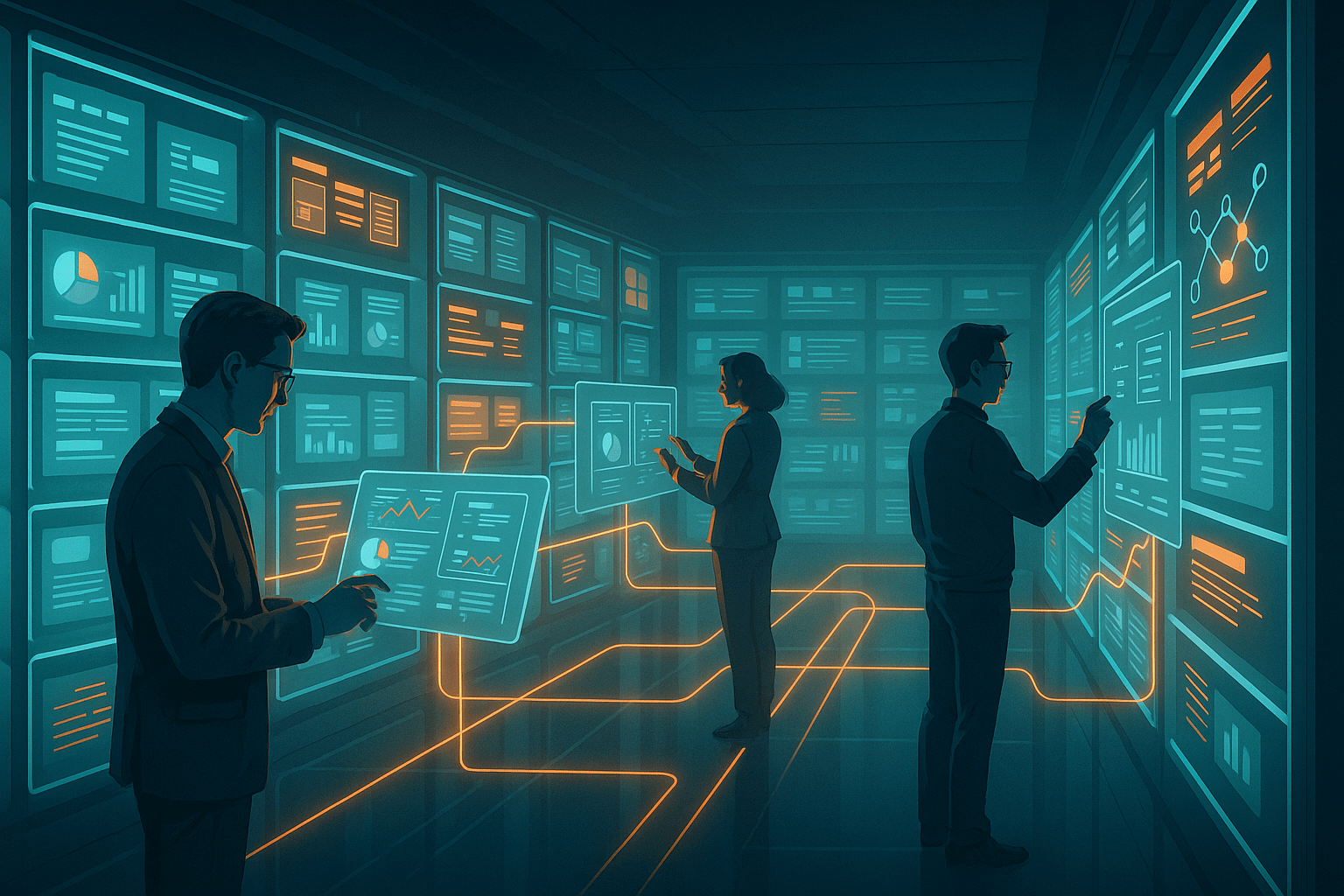 A futuristic agency library filled with glowing digital shelves of campaign data, case studies, and creative assets. Team members access knowledge via transparent screens, symbolising how insights are captured, tagged, and reused.