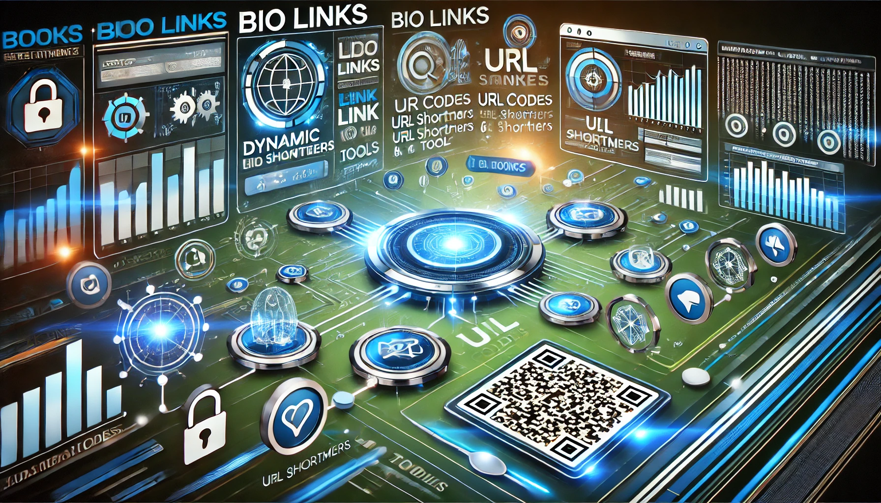 A modern and sleek digital interface concept featuring elements like bio links, QR codes, URL shorteners, and web tools.