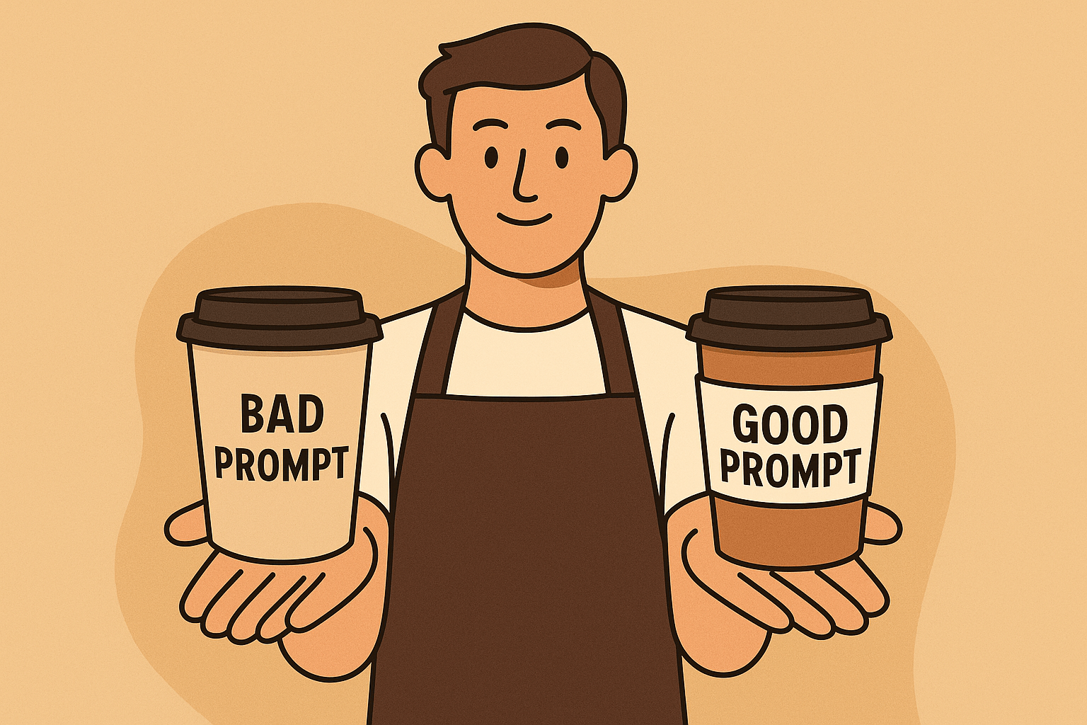 A barista handing two coffee cups: one messy, unlabelled cup (bad prompt), and one perfectly labelled cappuccino (good prompt). This visual symbolises clarity in prompting.