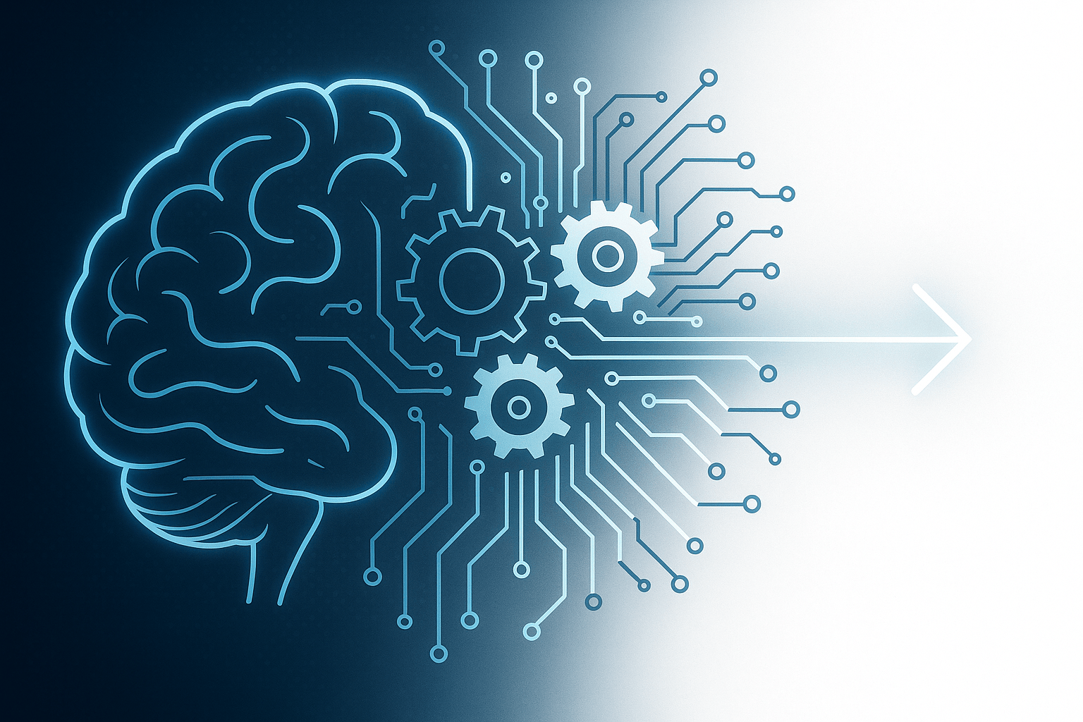 An abstract digital illustration showing a human brain morphing into a network of gears and circuits that converge into a single glowing line symbolising compression from complexity to simplicity. The background fades from dark blue (representing cognitive