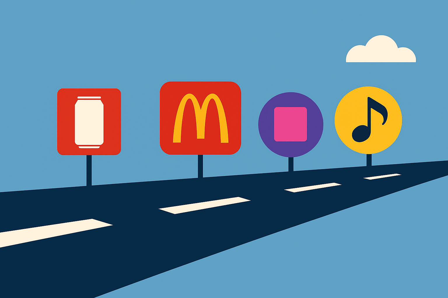 A minimalist flat illustration of iconic brand assets as memory shortcuts: a red can, golden arches, a purple wrapper, and a jingle note symbol. They float like road signs along a highway, symbolising instant recognition.