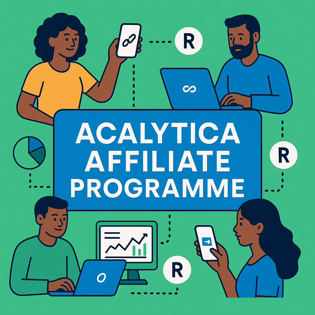Modern flat illustration of an affiliate marketing network in South Africa — people connecting via laptops and smartphones, referral links generating income (ZAR currency symbols), dashboard analytics, and a bold call-to-action banner reading ‘Acalytica Af