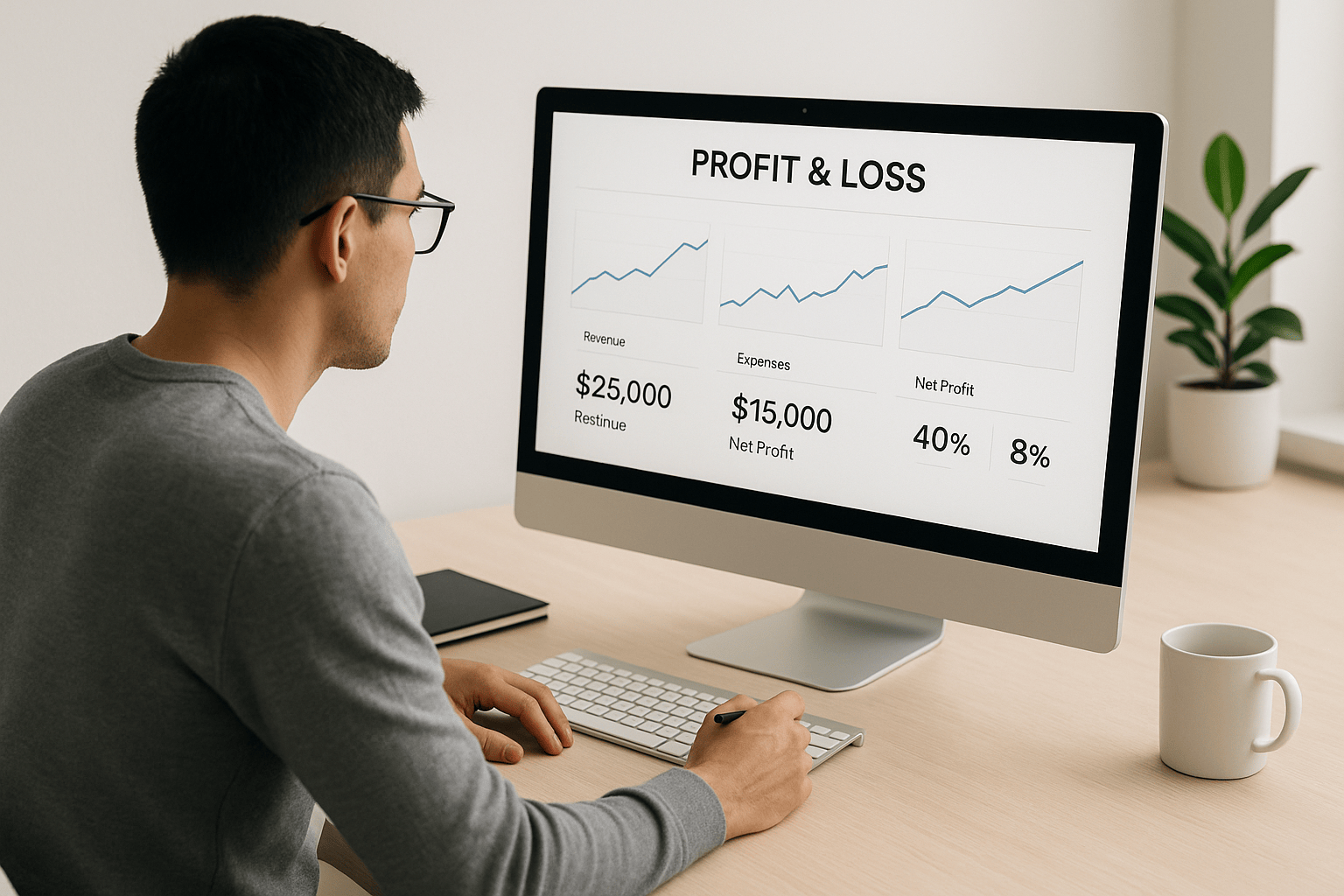 A minimalist workspace scene: a founder sits at a clean desk reviewing a digital dashboard displaying a P&L statement—revenue, expenses, and net profit visualised as clean line graphs and ratios. The setting is bright, analytical, and modern, symbolising c