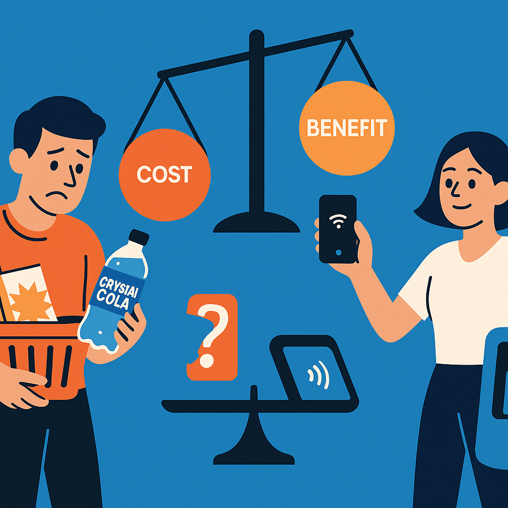 A split illustration showing two sides of innovation: on the left, failed innovation (a confused shopper juggling too many product variants, holding a strange transparent cola, looking frustrated); on the right, successful innovation