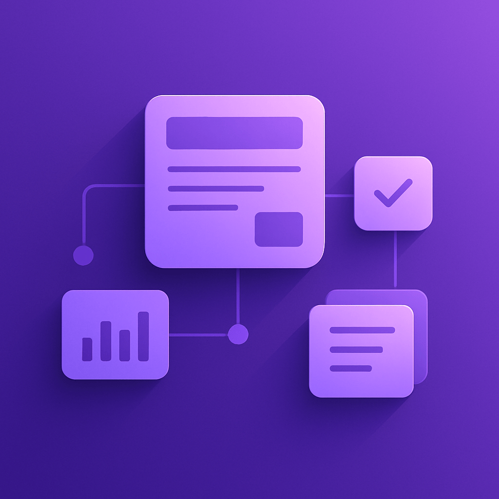Abstract purple gradient background with a clean geometric structure representing a modular digital platform. Central layered nodes symbolising landing pages, analytics, and optimisation blocks connected in a minimal network pattern. High contrast, sharp l
