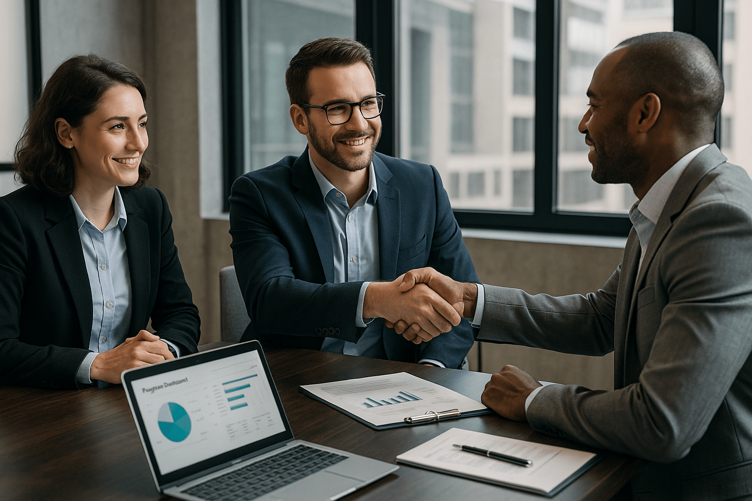 A professional agency team in a sleek office shaking hands with a client across a glass table. On the table are visible project documents and a laptop displaying a progress dashboard.