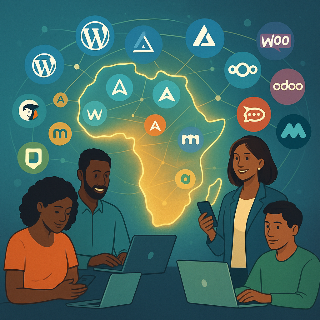 A digital mosaic of diverse entrepreneurs and small businesses using laptops and phones, connected through floating icons of the 10 featured CDI platforms (like WordPress, Moodle, Acalytica, WooCommerce, etc.), with a glowing map of Africa in the backgroun