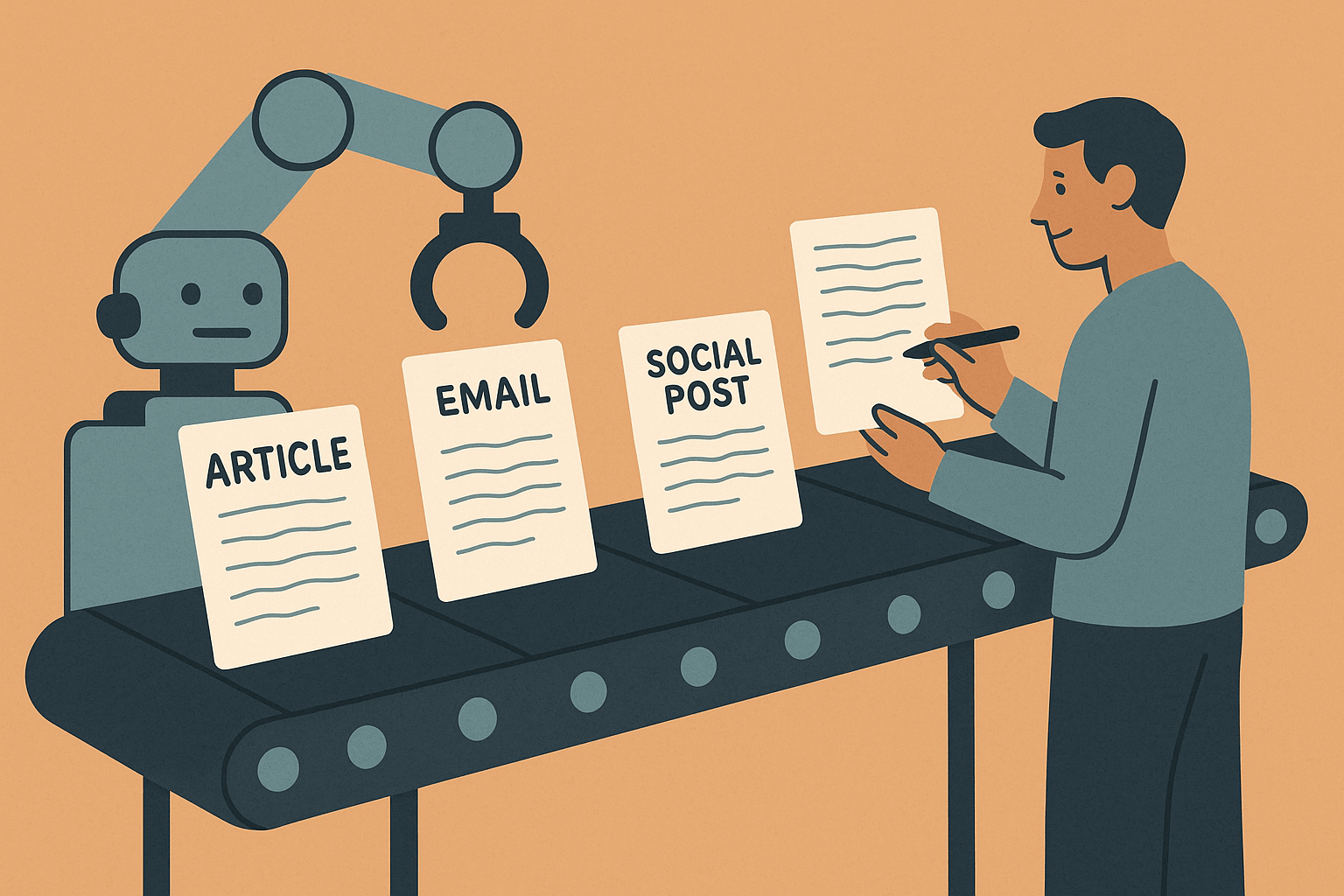 A conveyor belt producing draft articles, emails, and social posts, with a marketer standing at the end polishing one final piece.