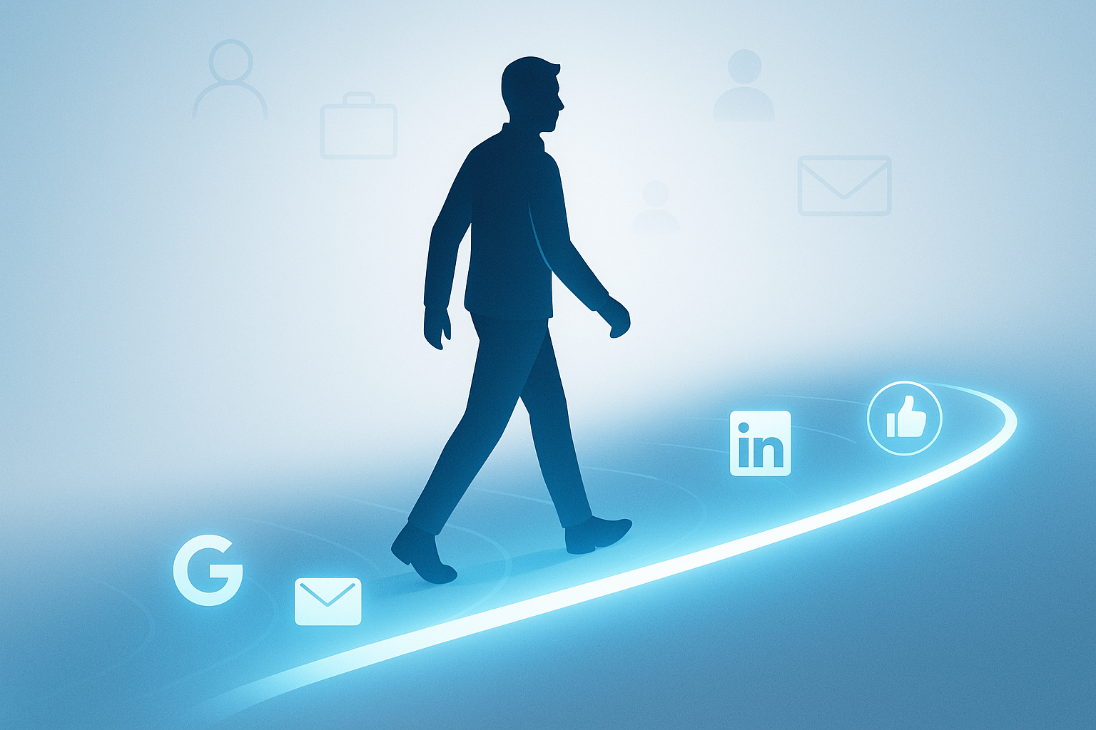 A digital concept image showing a person walking on a glowing trail of icons—each representing platforms like LinkedIn, email, search, and social media. The path lights up as the person steps forward, symbolizing their growing digital footprint.
