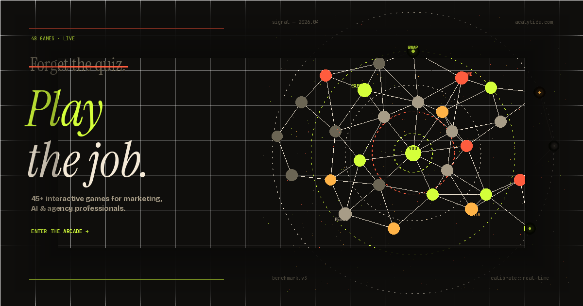 dark arcade-editorial palette — charcoal ground, the "Forget the quiz / Play the job" headline in Instrument Serif, a network constellation on the right with labelled nodes (YOU, EXPERTS, CROWD, DATA, PEERS, GWAP), concentric sonar rings in lime an