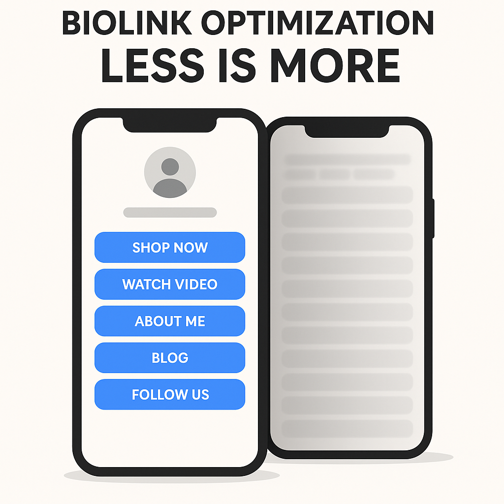 A clean smartphone screen mockup with exactly 5-7 rounded buttons/links, clearly labeled (e.g., "Shop Now", "Watch Video", "Follow Us").