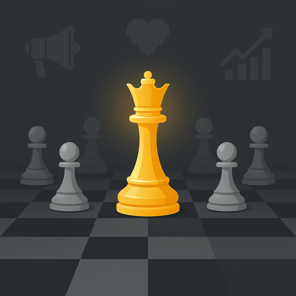A bold, clean illustration:  A chessboard where a single golden queen piece stands tall at the centre, glowing and drawing attention.  Around it, ordinary silver pawns face toward the queen, symbolising followers.