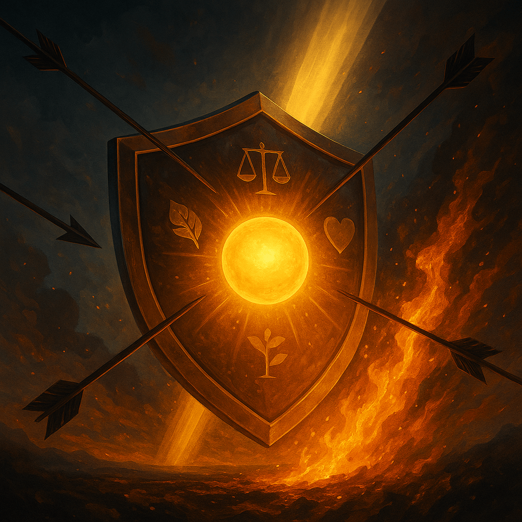 A dramatic digital illustration of a glowing shield floating in mid-air. On the shield are faint, abstract engravings of values (like a balance scale for justice, a heart for care, a leaf for sustainability). The shield is protecting a brand symbol (generi