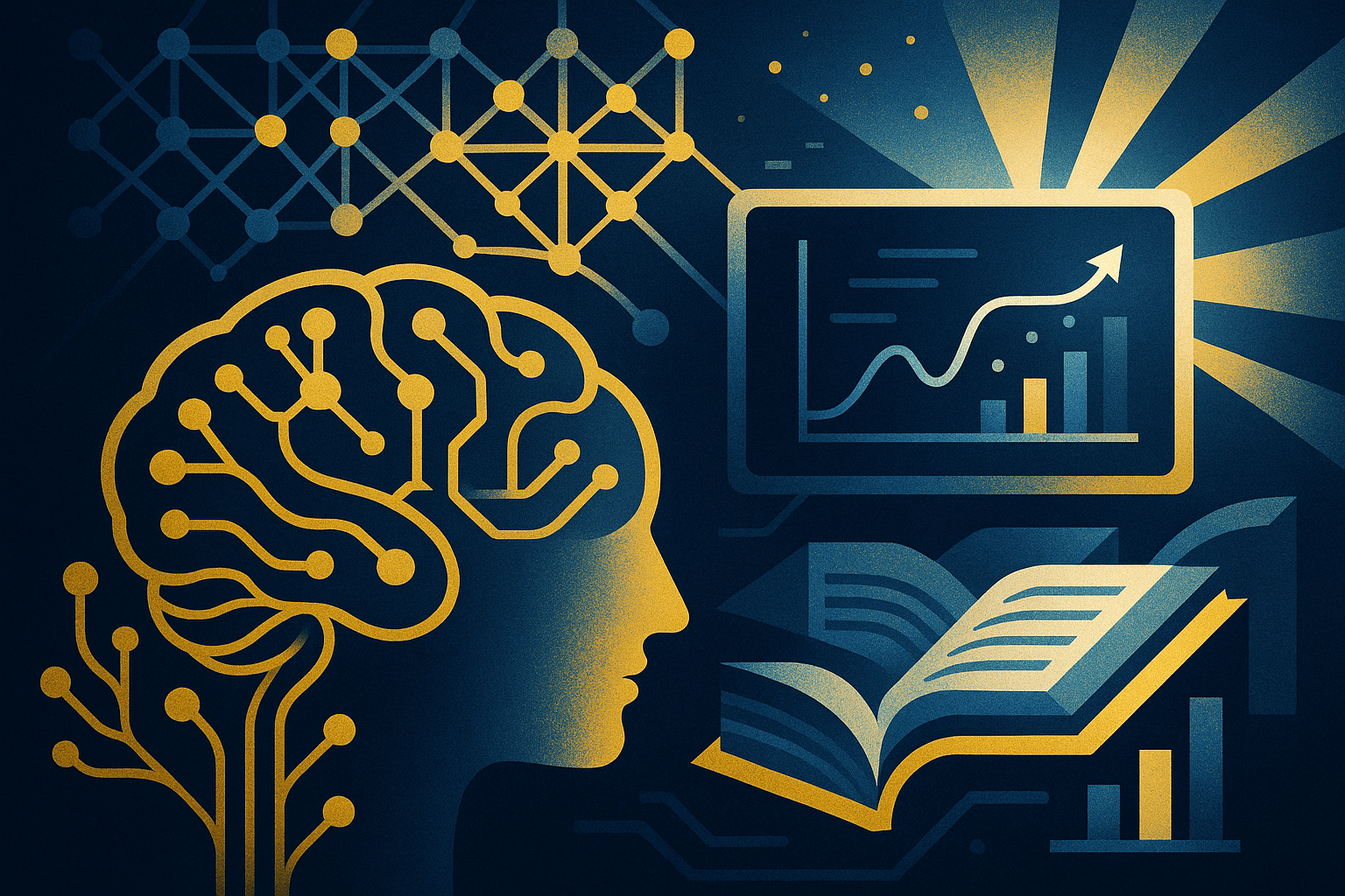 An abstract illustration showing a neural network interwoven with human brain synapses, transforming into geometric patterns resembling books, data charts, and light rays emerging from a digital chalkboard.
