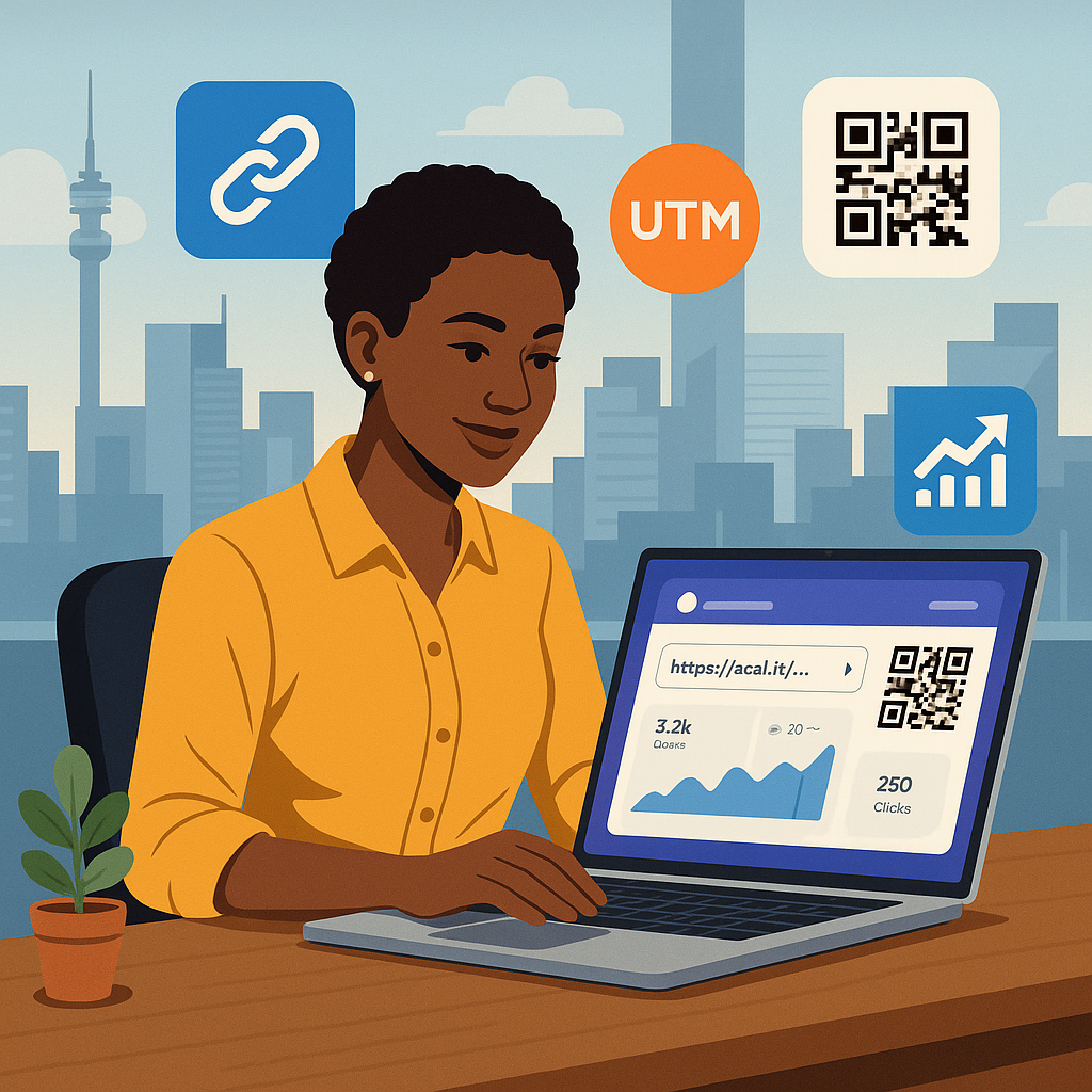 A modern South African marketer at a desk using a laptop to create short links and QR codes. On the screen, a dashboard shows analytics graphs and click counts. Floating icons represent shortened URLs, QR codes, and UTM tags. Background shows a skyline of