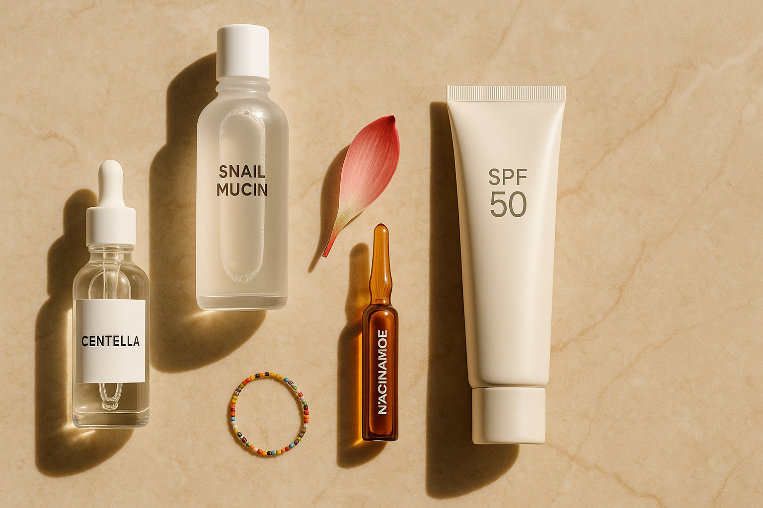 Editorial flat-lay of Korean skincare on a warm, sunlit marble surface: centella serum, snail mucin essence, niacinamide ampoule, SPF tube; soft shadows; subtle SA cues (beaded bracelet, protea petal); clean, modern aesthetic; high-resolution product photo
