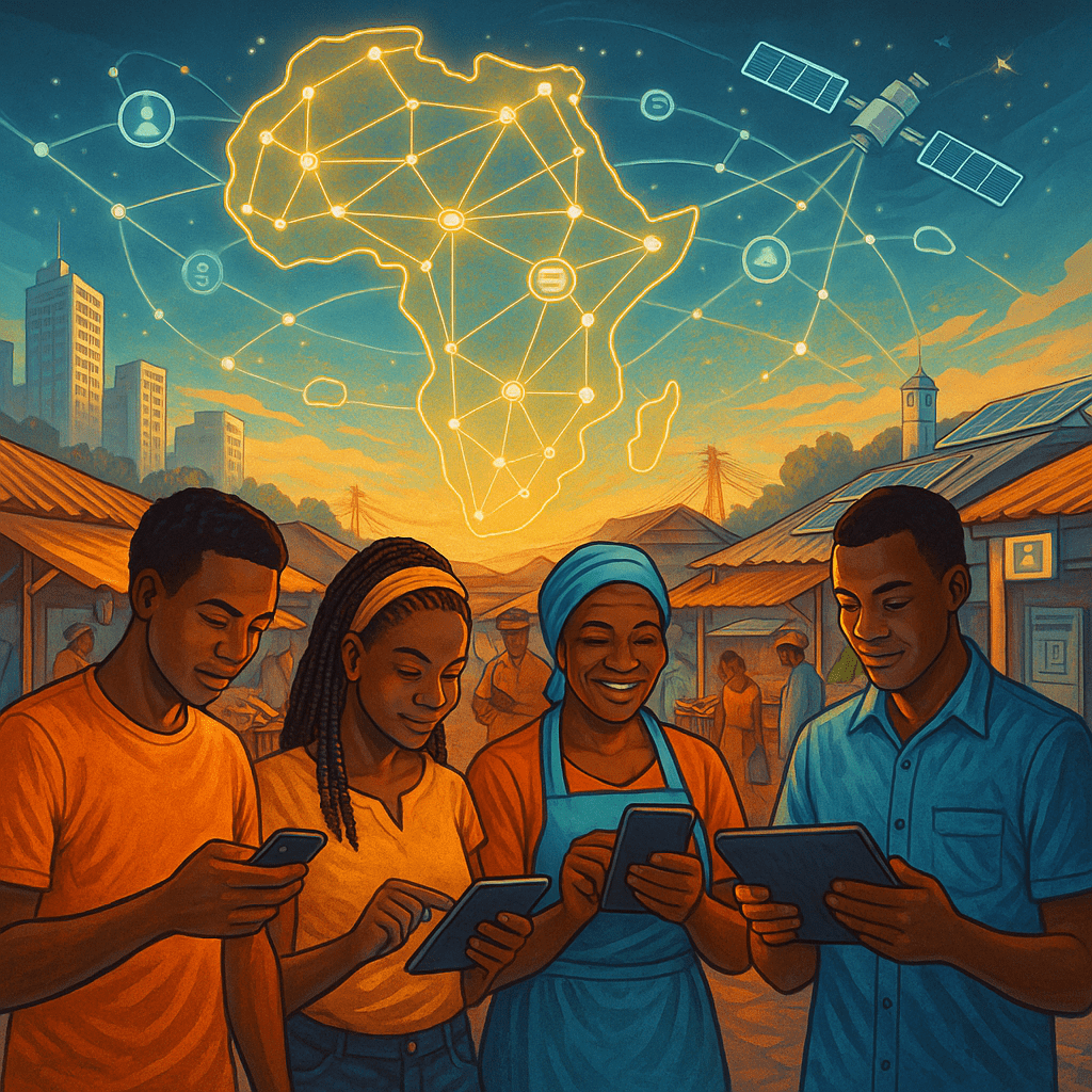 A detailed digital illustration showing a diverse group of African youth and small business owners using smartphones and tablets in a township market setting. Behind them, glowing lines represent connectivity and digital infrastructure
