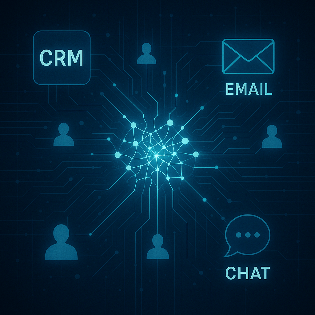 A central neural network visual linking glowing nodes representing CRM, email, and chat systems, symbolising AI as connective intelligence powering an integrated enterprise.