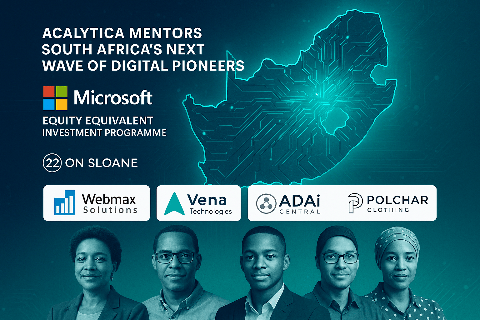 A visual montage blending South African entrepreneurs, abstract digital circuits, and Microsoft’s blue-green palette — symbolising collaboration, technology transfer, and inclusive economic growth under the EEIP initiative.